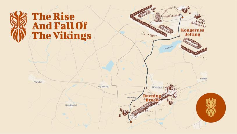 Gezeichnete Karte der Jelling-Landschaft mit vergrößerten Versionen der Ravningebroen, des Jelling-Steins und des größten Einzelgebäudes des wikingerzeitlichen Denkmalplatzes in Kongernes Jelling.