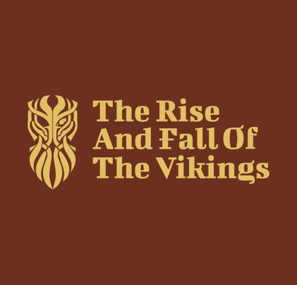 Das komplette Logo, Odin mit einem Auge und die Auszahlung The Rise And Fall Of The Vikings in goldener Farbe auf einem dunklen kastanienbraunen Farbton.